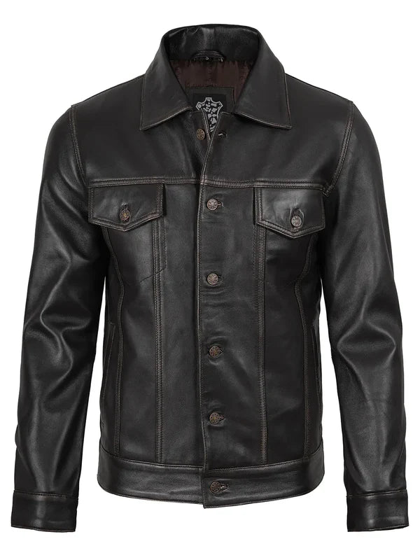 Men's Dark Brown Trucker Leather Jacket
