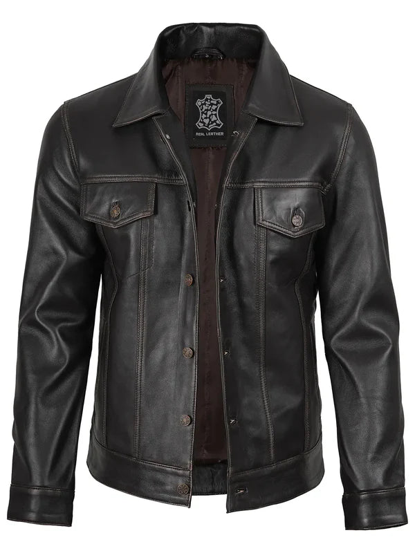 Men's Dark Brown Trucker Leather Jacket