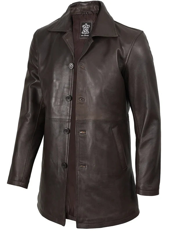 Winchester Men's Distressed Dark Brown Leather Car Coat