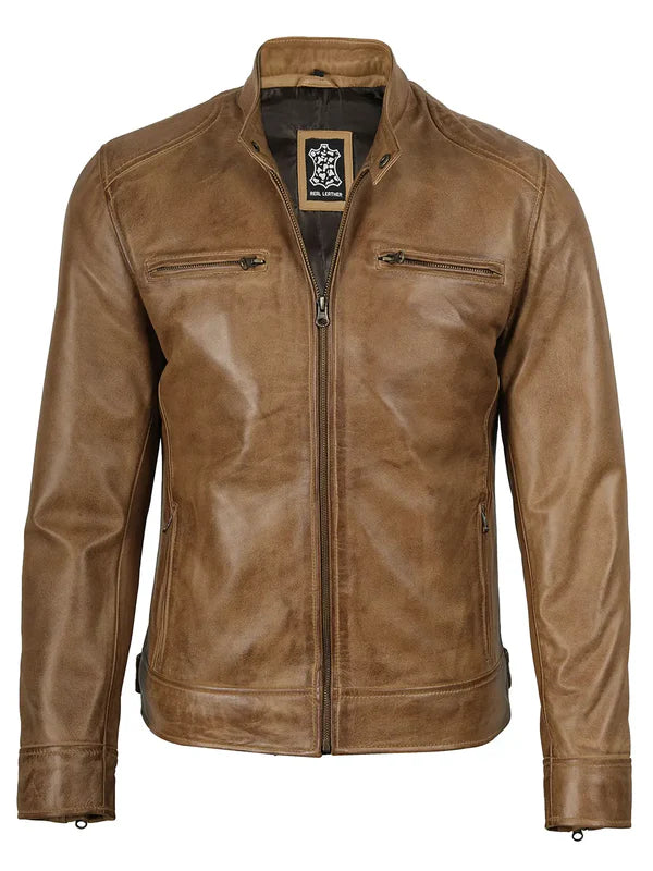 Dodge Men's Camel Brown Leather Cafe Racer Jacket