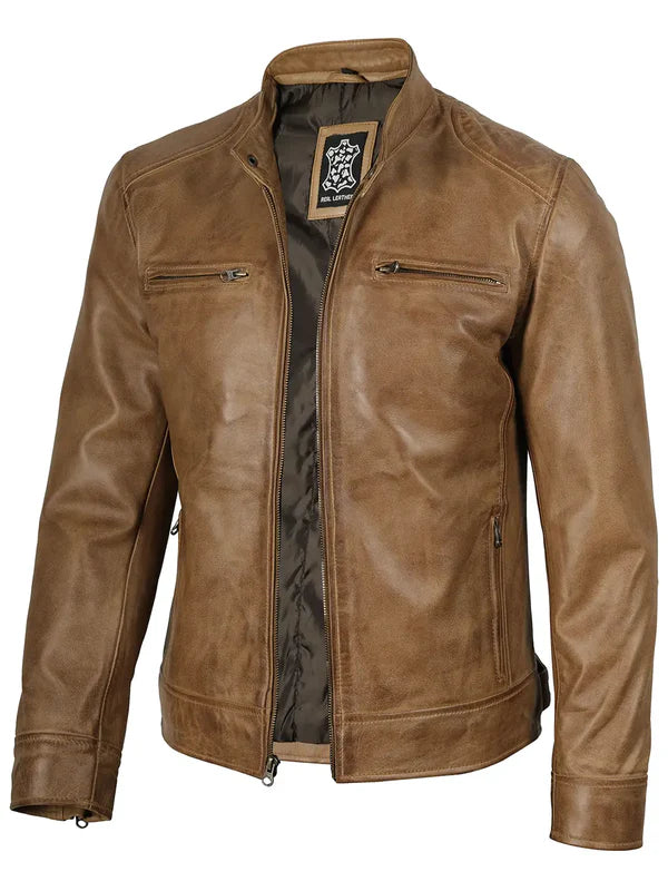Dodge Men's Camel Brown Leather Cafe Racer Jacket