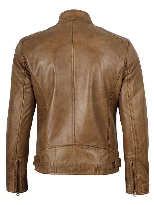 Dodge Men's Camel Brown Leather Cafe Racer Jacket