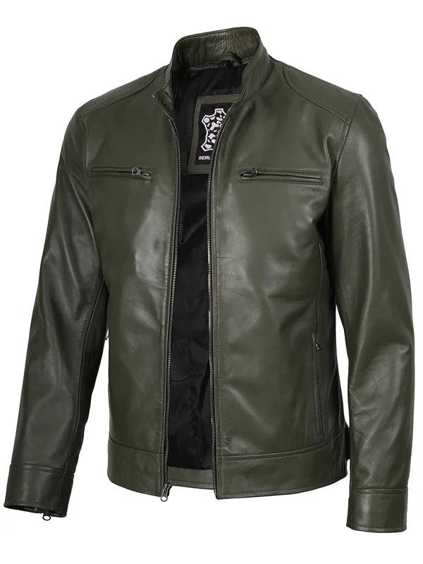 Dodge Mens Green Cafe Racer Real Leather Jacket