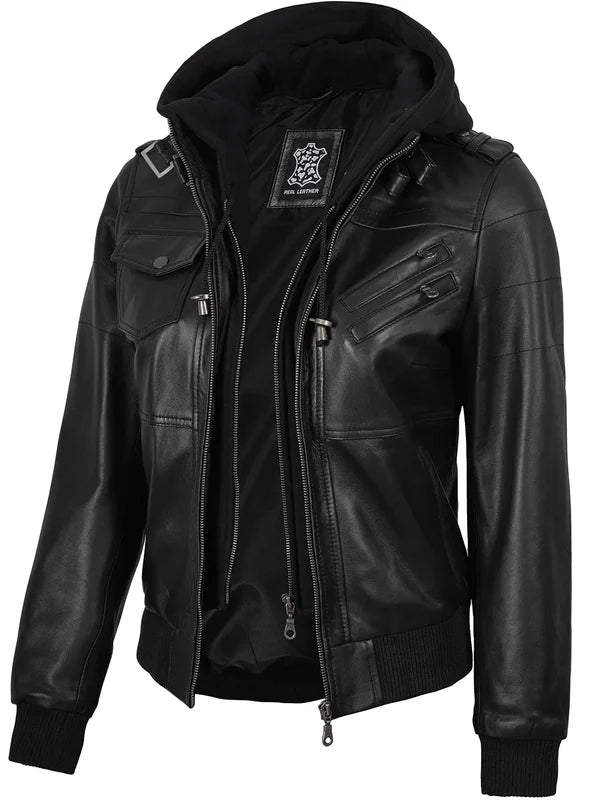 Edinburgh Women's Bomber Black Leather Jacket with Removable Hood
