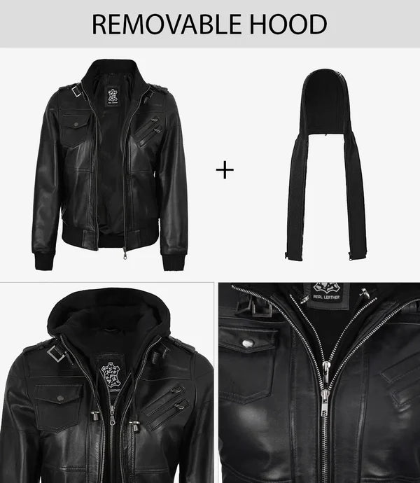 Edinburgh Women's Bomber Black Leather Jacket with Removable Hood