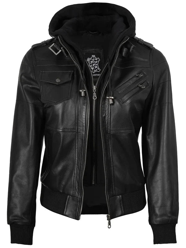 Edinburgh Women's Bomber Black Leather Jacket with Removable Hood