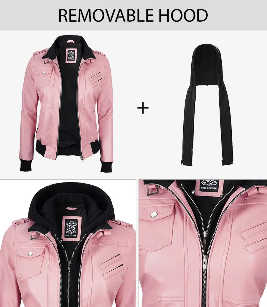 Women's Pink Leather Jacket with Removable Hood