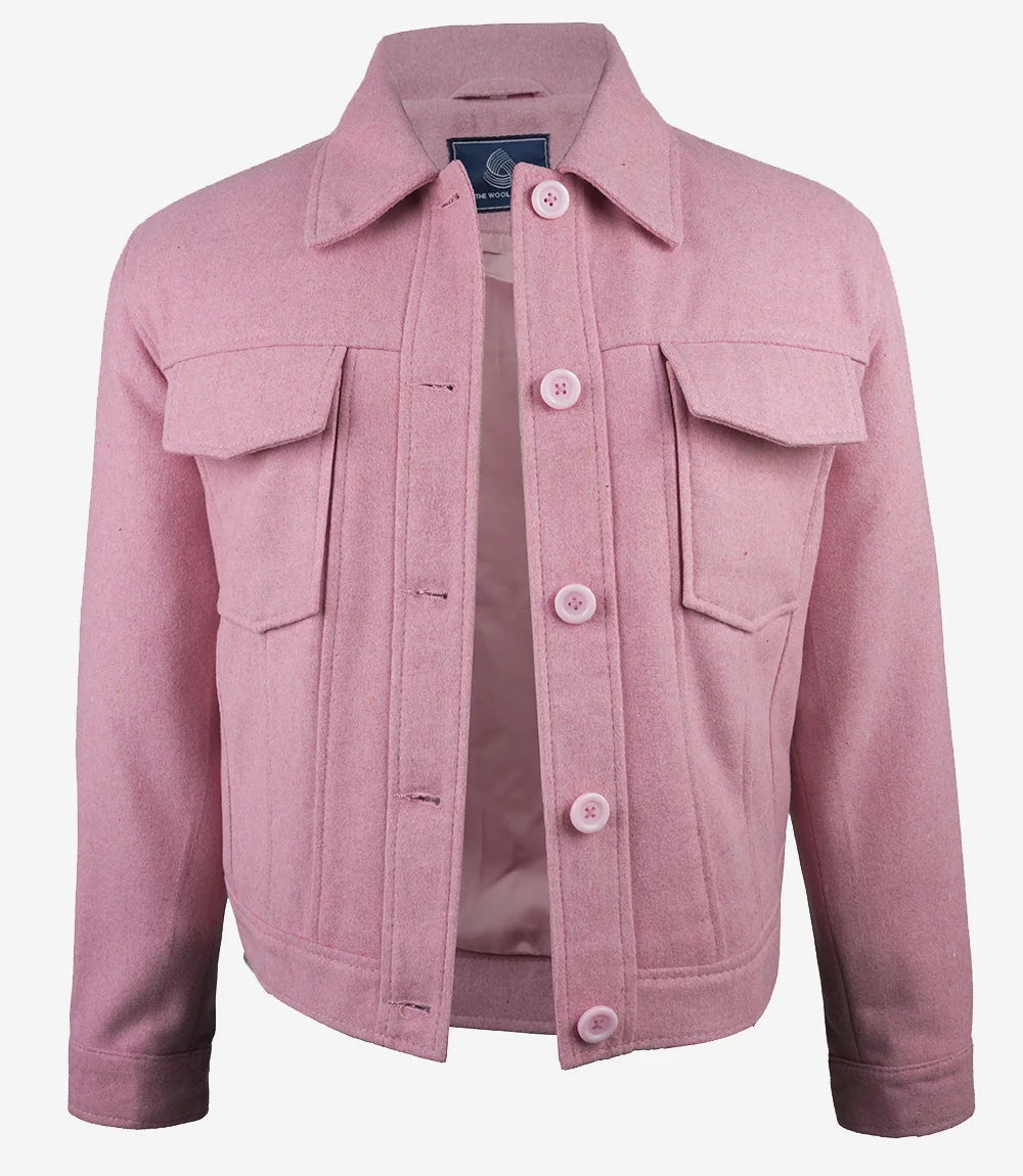 Women’s Classic Pink Wool Button-Up Jacket - Trucker Style
