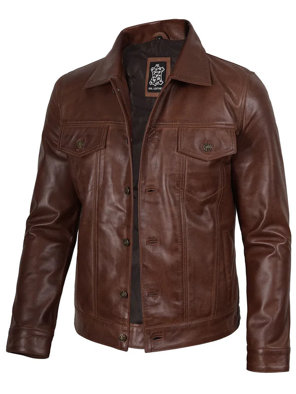 Fernando Men's Cognac Wax Harrington Leather Trucker Jacket