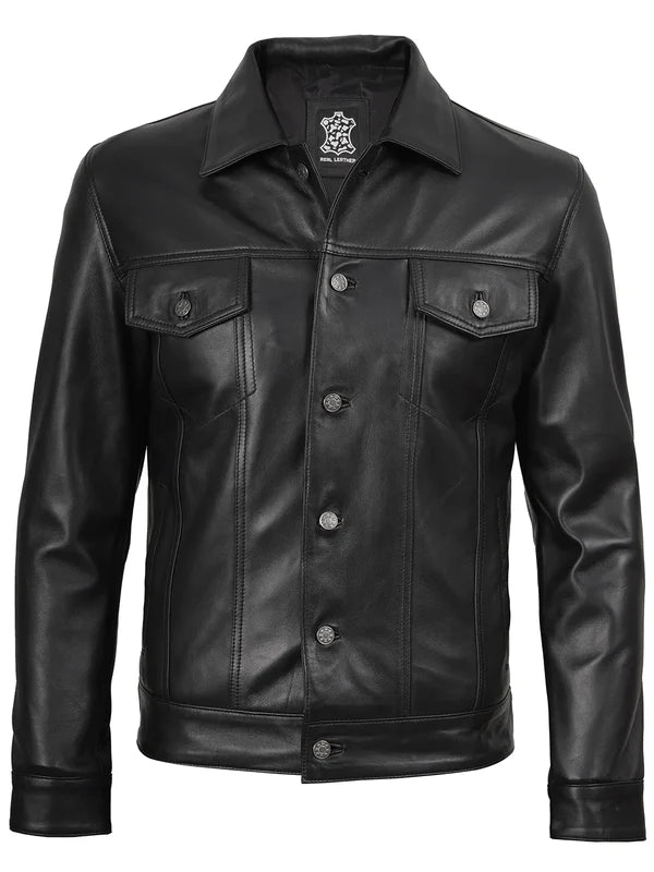 Fernando Mens Black Leather Trucker Jacket