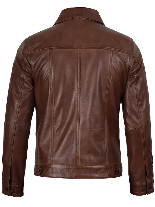 Fernando Men's Cognac Wax Harrington Leather Trucker Jacket