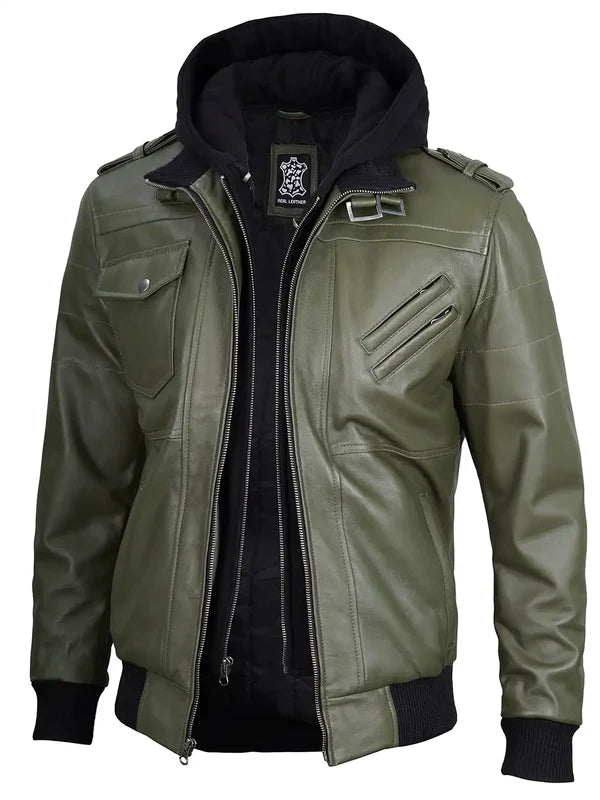 Men's Military Green Leather Jacket with Removable Hood