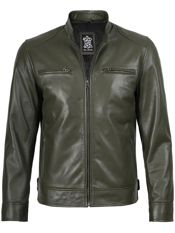 Dodge Mens Green Cafe Racer Real Leather Jacket