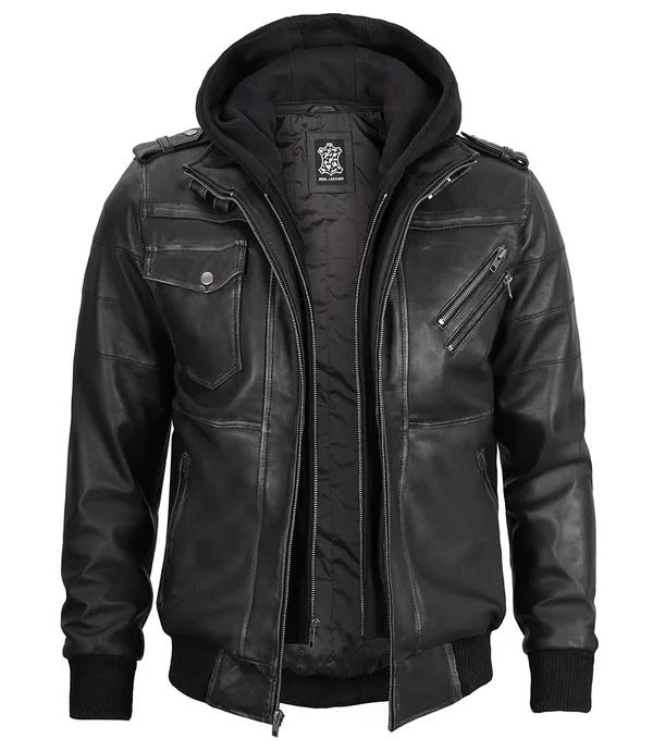Men's Bomber Dark Grey Leather Jacket with Removable Hood