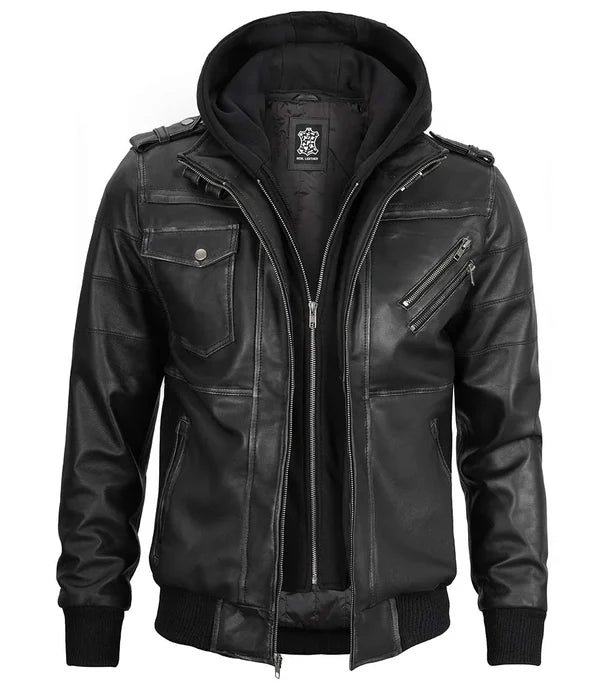 Men's Bomber Dark Grey Leather Jacket with Removable Hood