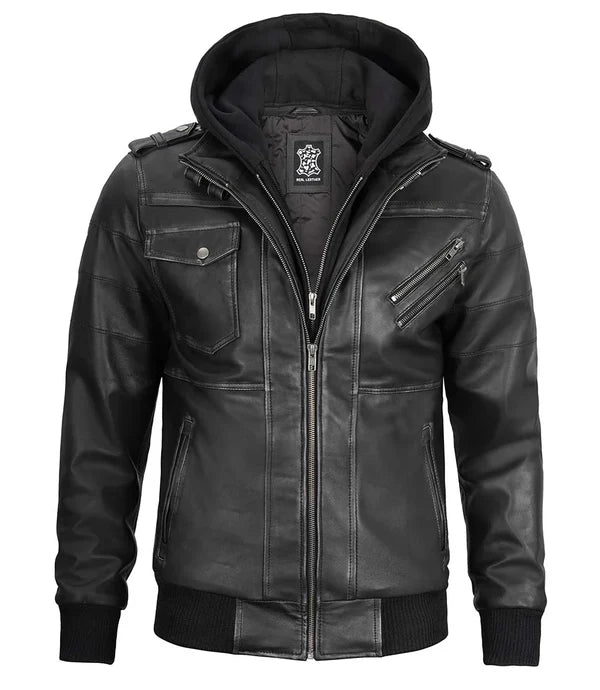 Men's Bomber Dark Grey Leather Jacket with Removable Hood