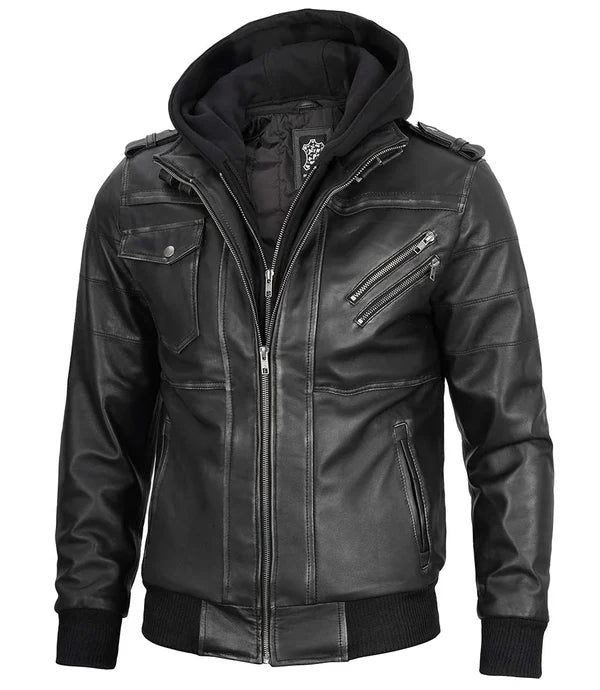 Men's Bomber Dark Grey Leather Jacket with Removable Hood