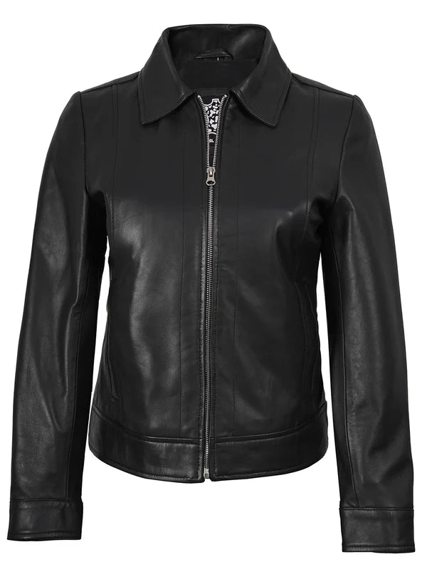 Women's Harrington Style Black Real Leather Jacket