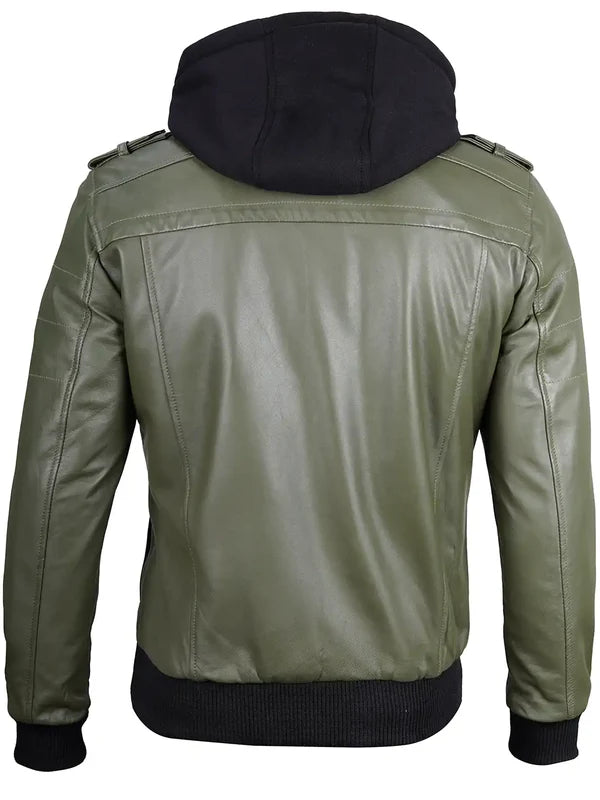 Men's Military Green Leather Jacket with Removable Hood