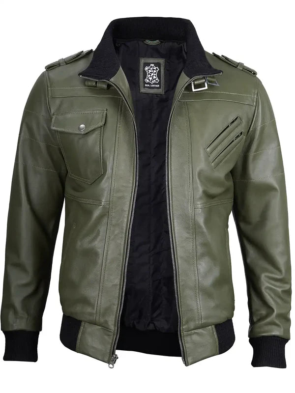 Men's Military Green Leather Jacket with Removable Hood
