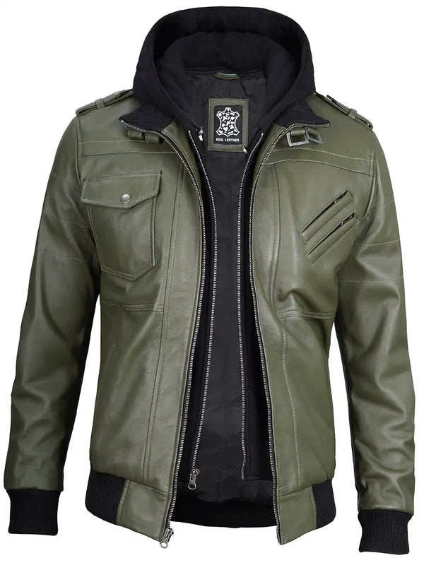 Men's Military Green Leather Jacket with Removable Hood