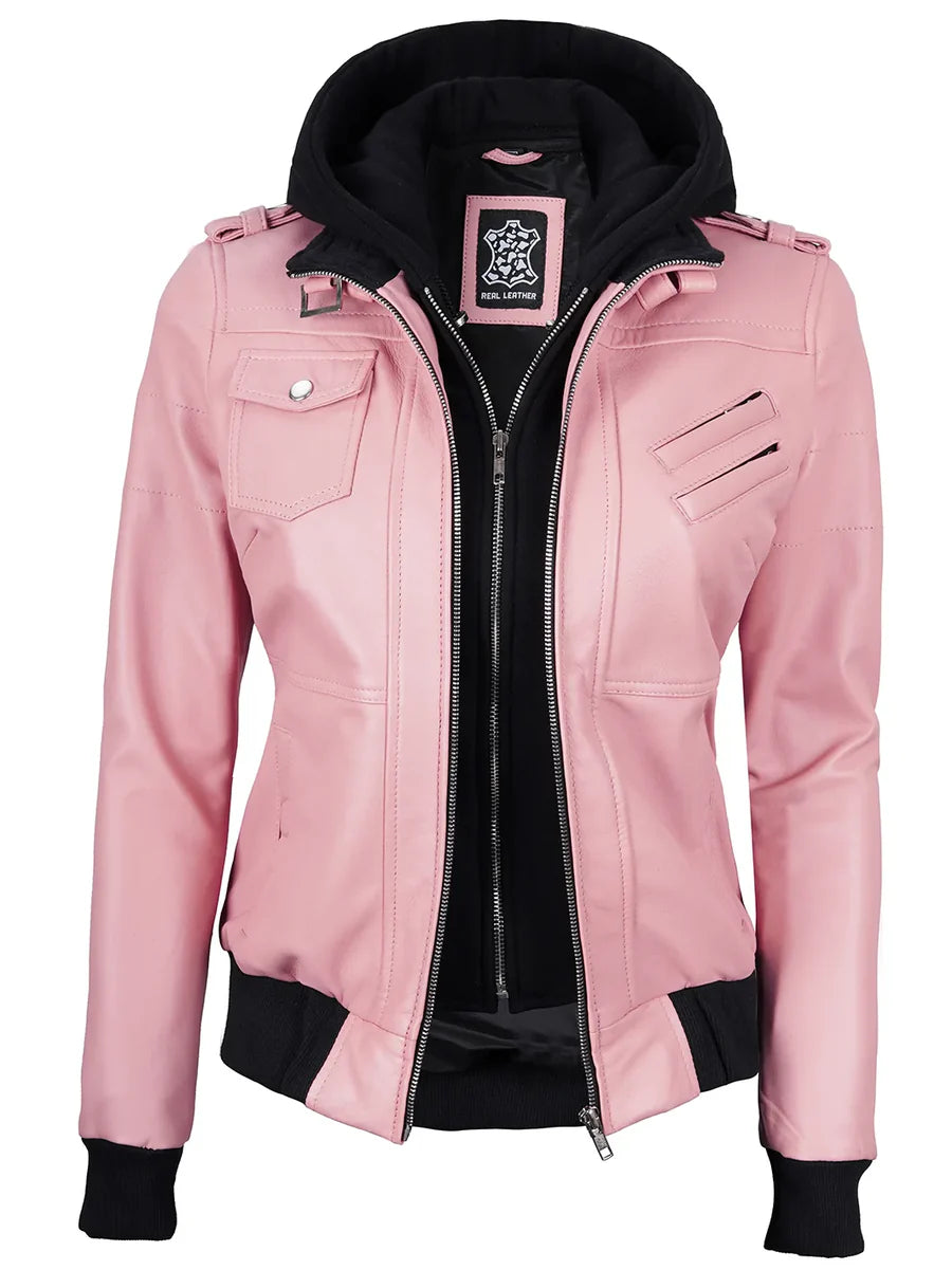 Women's Pink Leather Jacket with Removable Hood