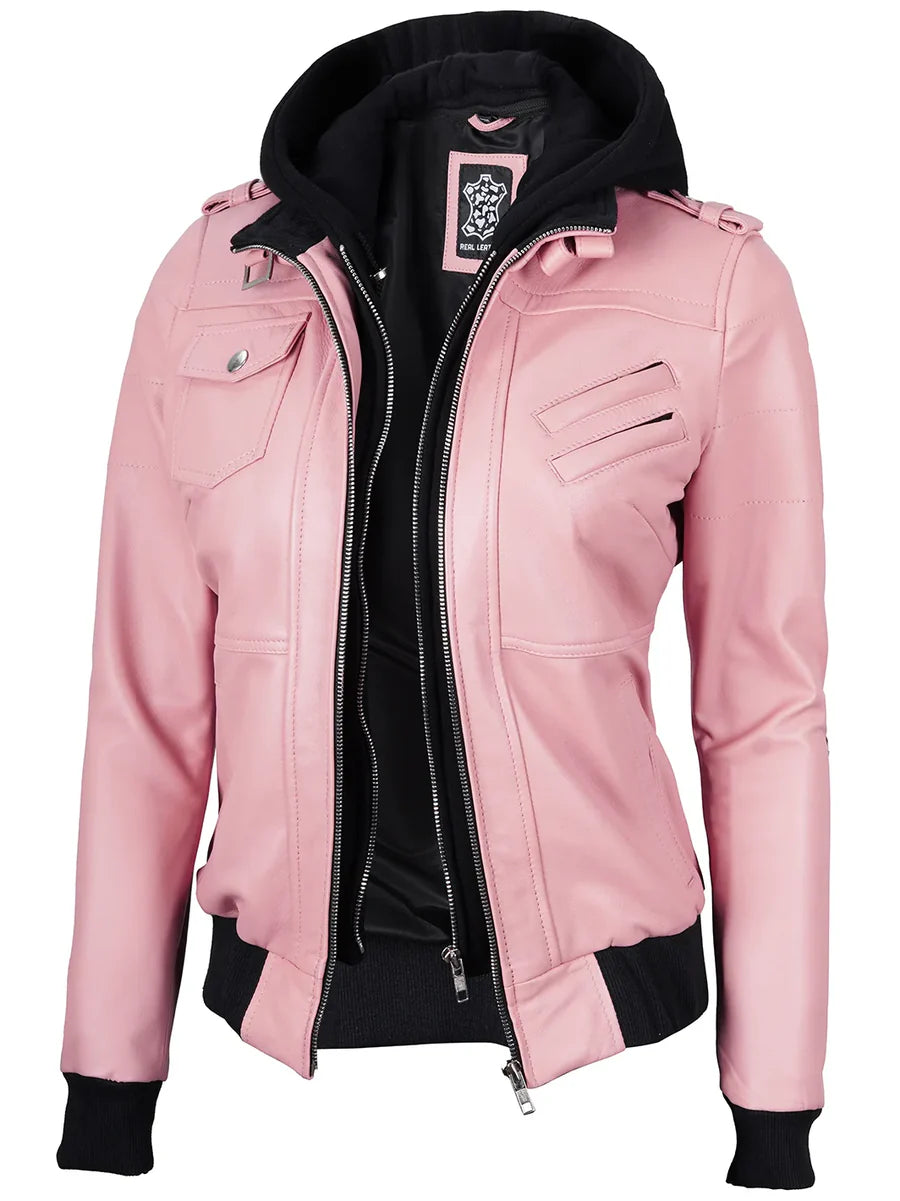 Women's Pink Leather Jacket with Removable Hood
