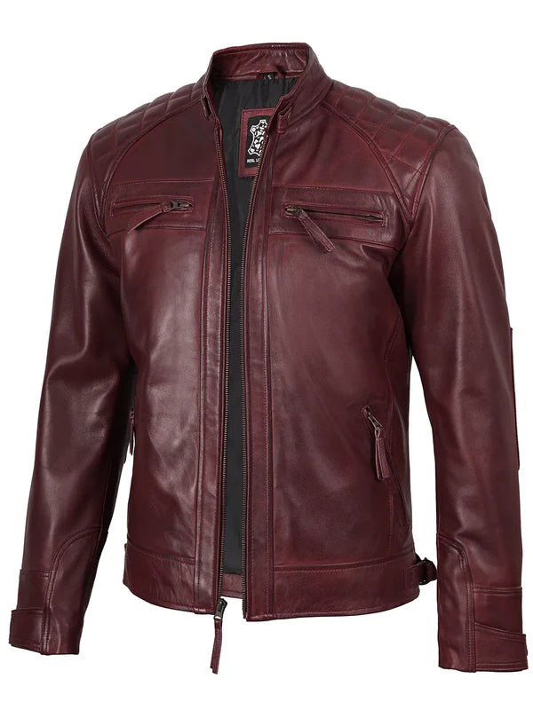 Johnson Burgundy Quilted Biker Style Leather Jacket