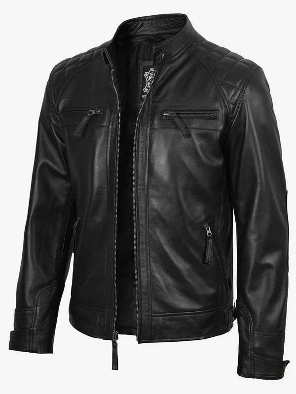 Johnson Mens Black Quilted Biker Style Real Leather Jacket