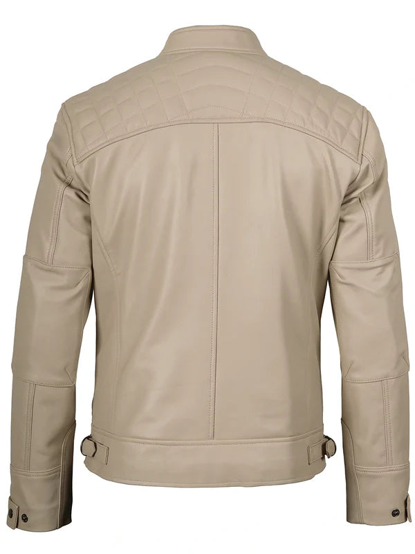 Men's Beige Cafe Racer Leather Jacket