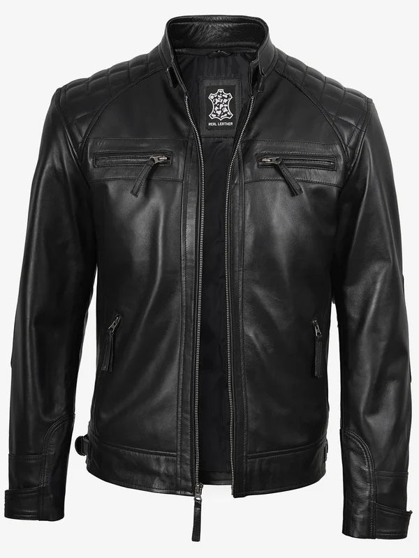 Johnson Mens Black Quilted Biker Style Real Leather Jacket