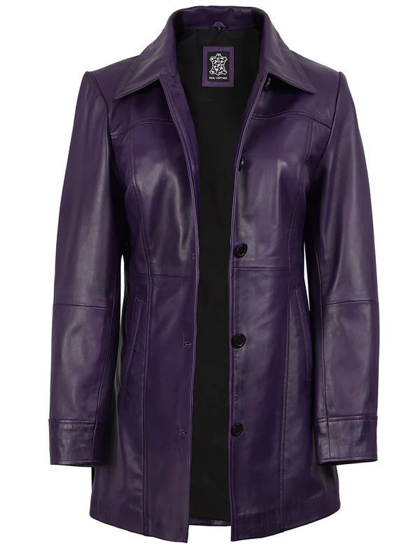 Kandis Women's Leather Purple 3/4 Length Car Coat