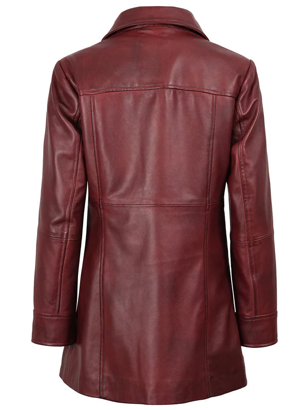 Kandis Women's Burgundy Real Leather Car Coat