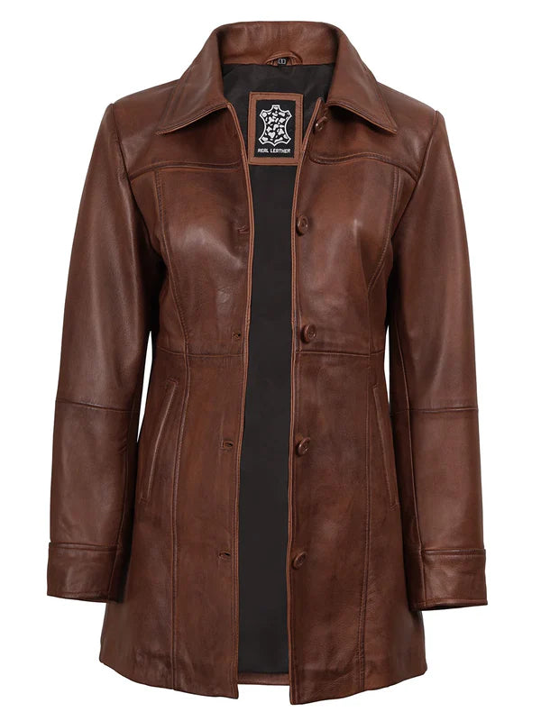 Kandis Women's Cognac Brown Leather Car Coat