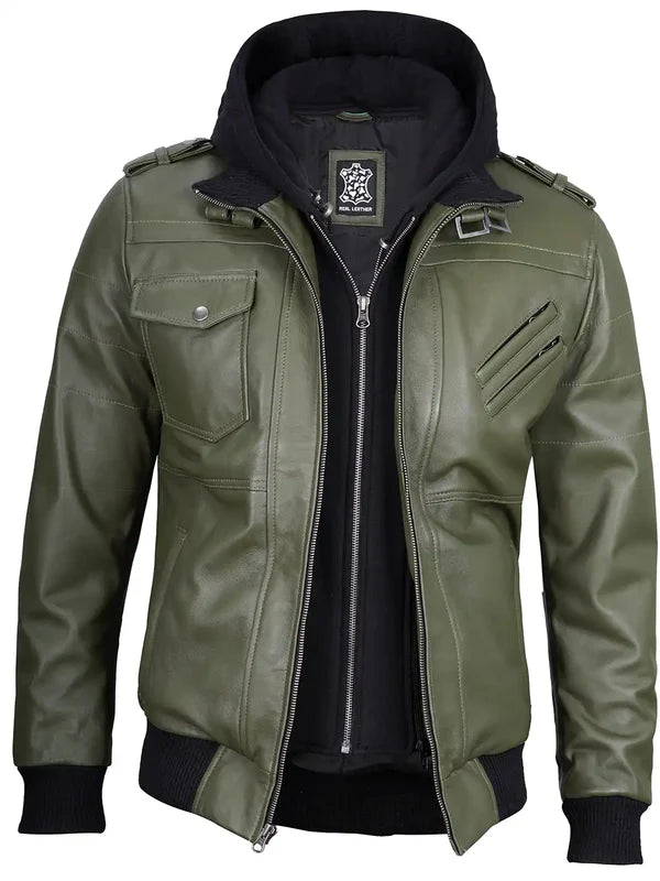 Men's Military Green Leather Jacket with Removable Hood