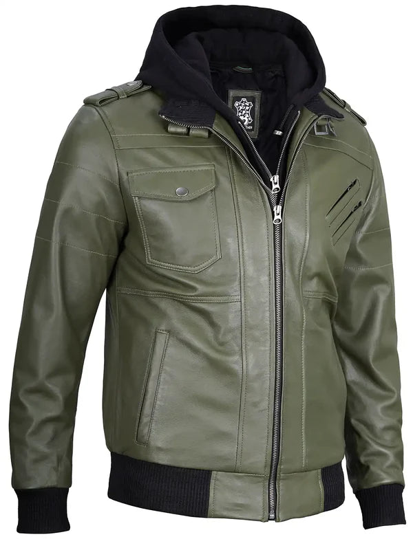 Men's Military Green Leather Jacket with Removable Hood