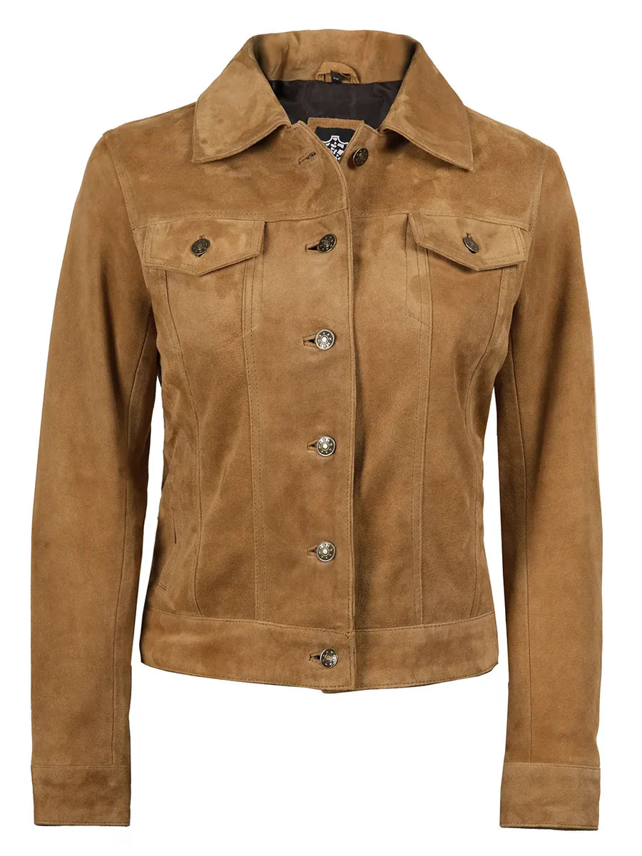 Women's Light Brown Suede Trucker Jacket