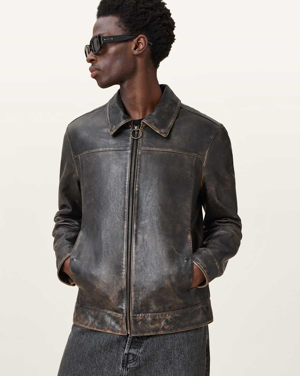 Alkan Zip Up Two Tone Leather Jacket