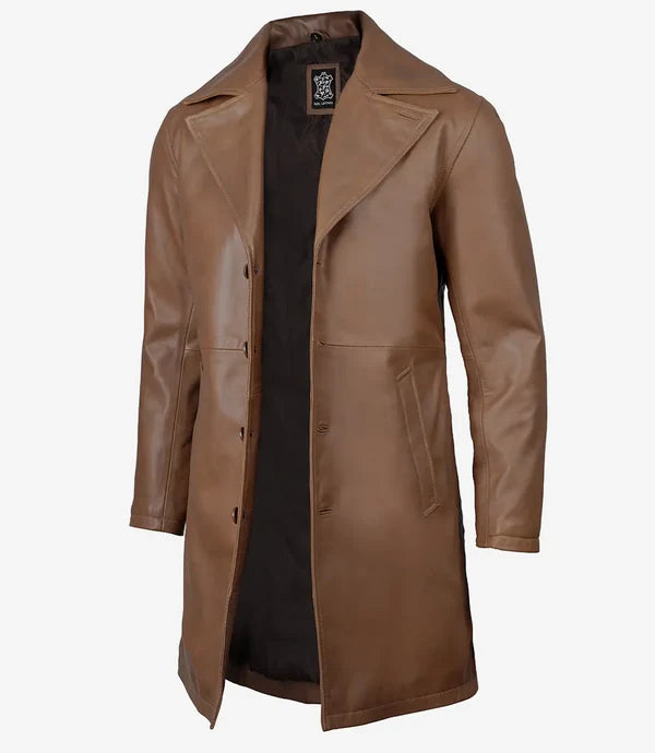 Men's 3 4 Length Brown Leather Car Coat