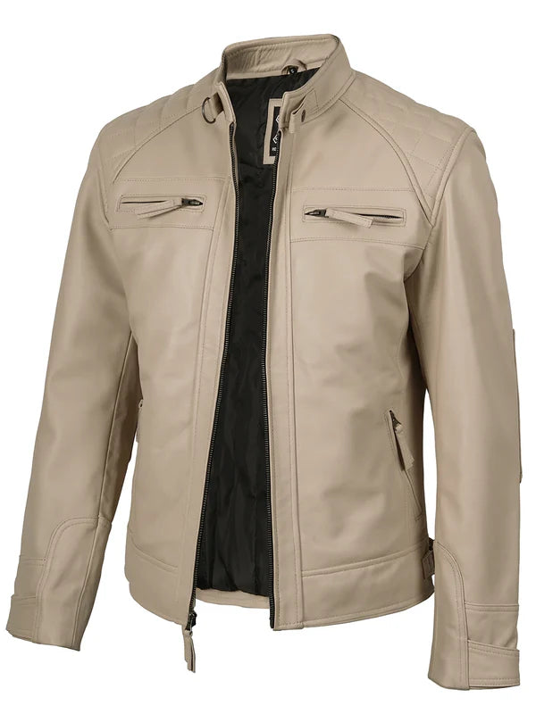 Men's Beige Cafe Racer Leather Jacket