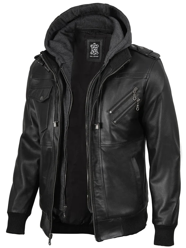 Men's Black Bomber Leather Jacket with Removable Hood
