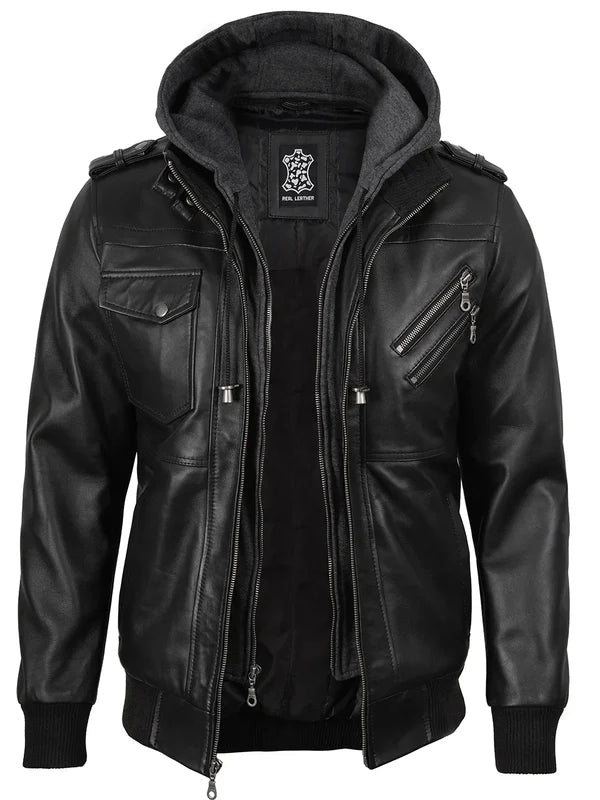 Men's Black Bomber Leather Jacket with Removable Hood