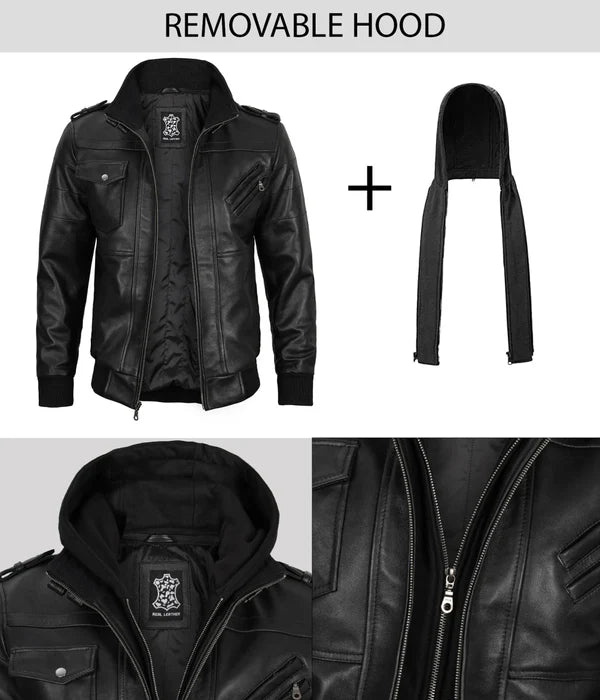 Edinburgh Mens Black Bomber Leather Jacket With Removable Hood