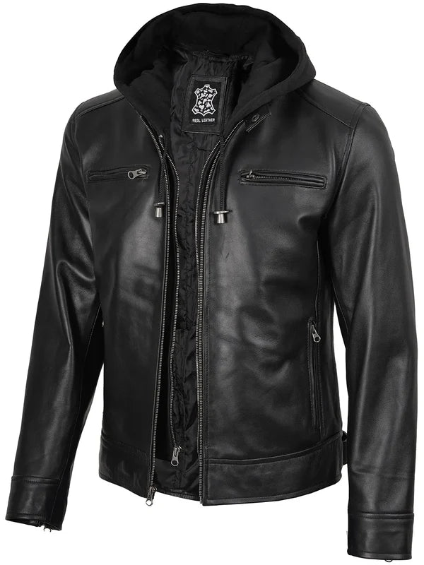 Men's Black Biker Style Leather Jacket with Removable Hood