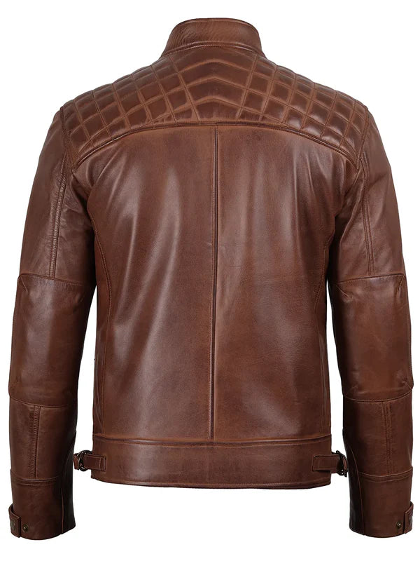 Johnson Men's Cognac Brown Quilted Biker Leather Jacket