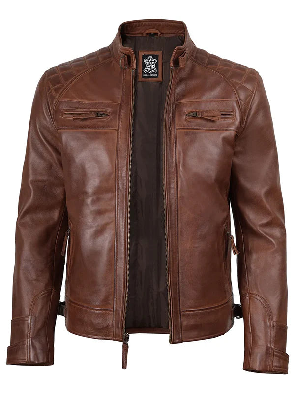 Johnson Men's Cognac Brown Quilted Biker Leather Jacket