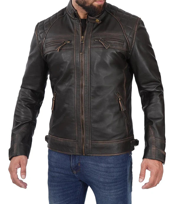 Men's Distressed Brown Cafe Racer Leather Jacket