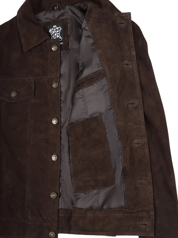 Logan Men's Dark Brown Suede Trucker Jacket