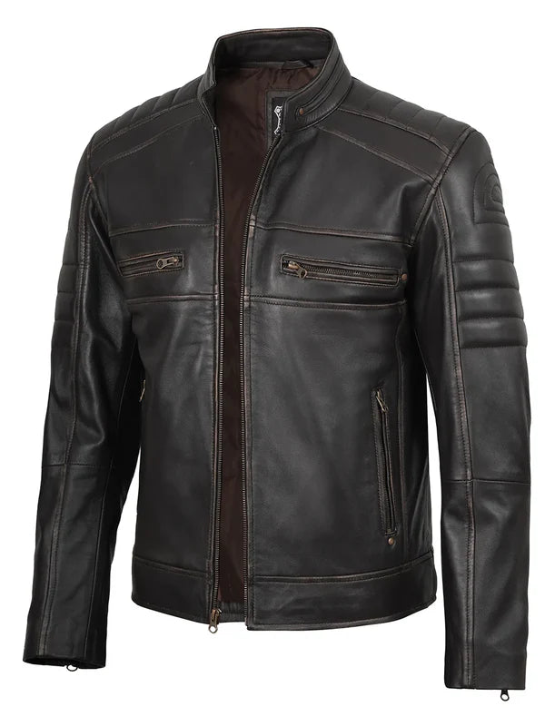 Men's Rub Off Dark Brown Cafe Racer Leather Jacket