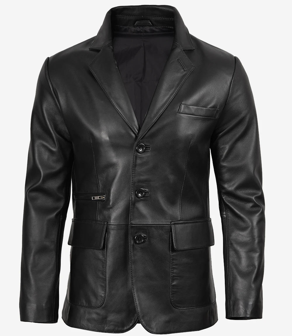 Mens Real Leather Three Button Black Blazer